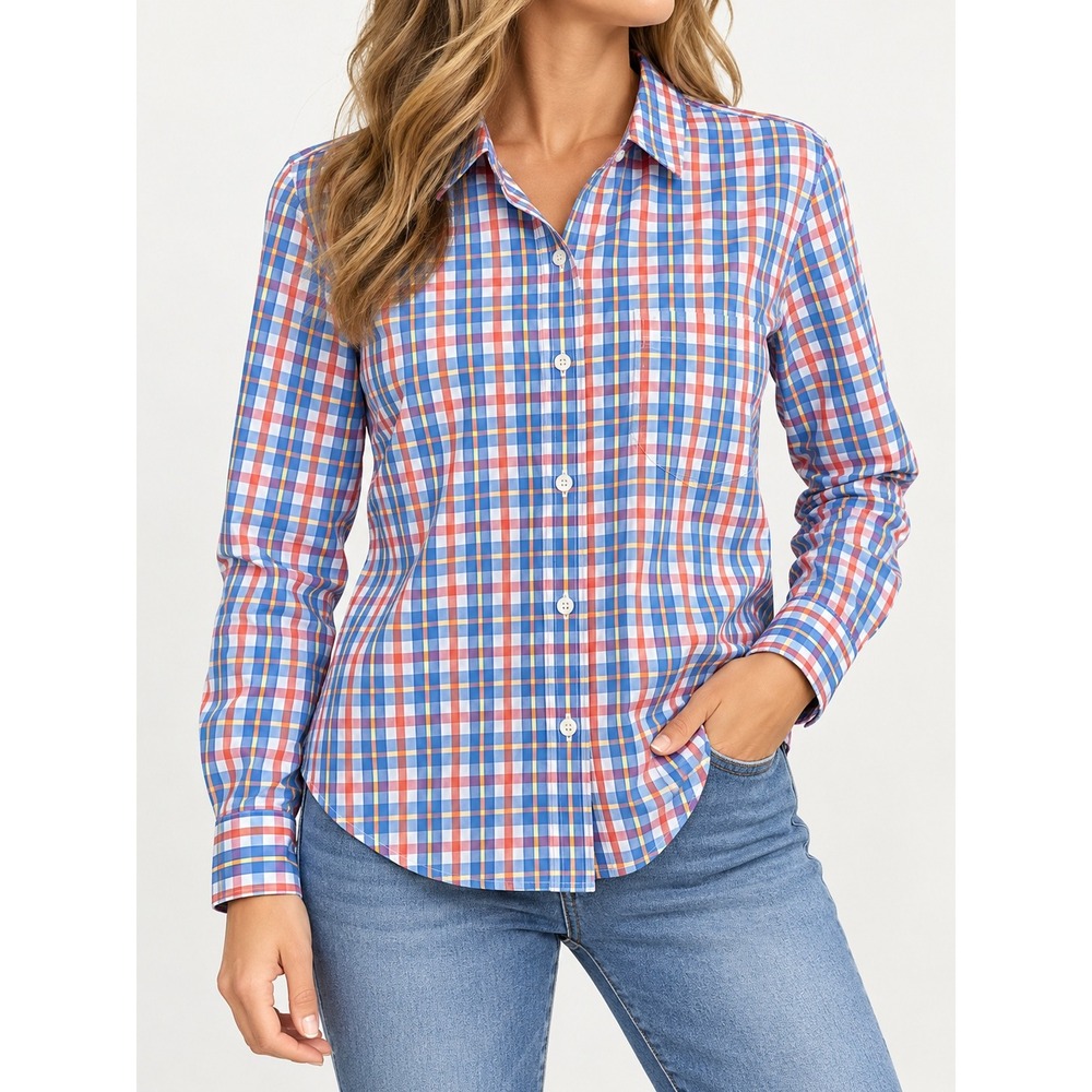 LL Bean Wrinkle Free Plaid Shirt Womens Large Orange Blue Button Down 503436